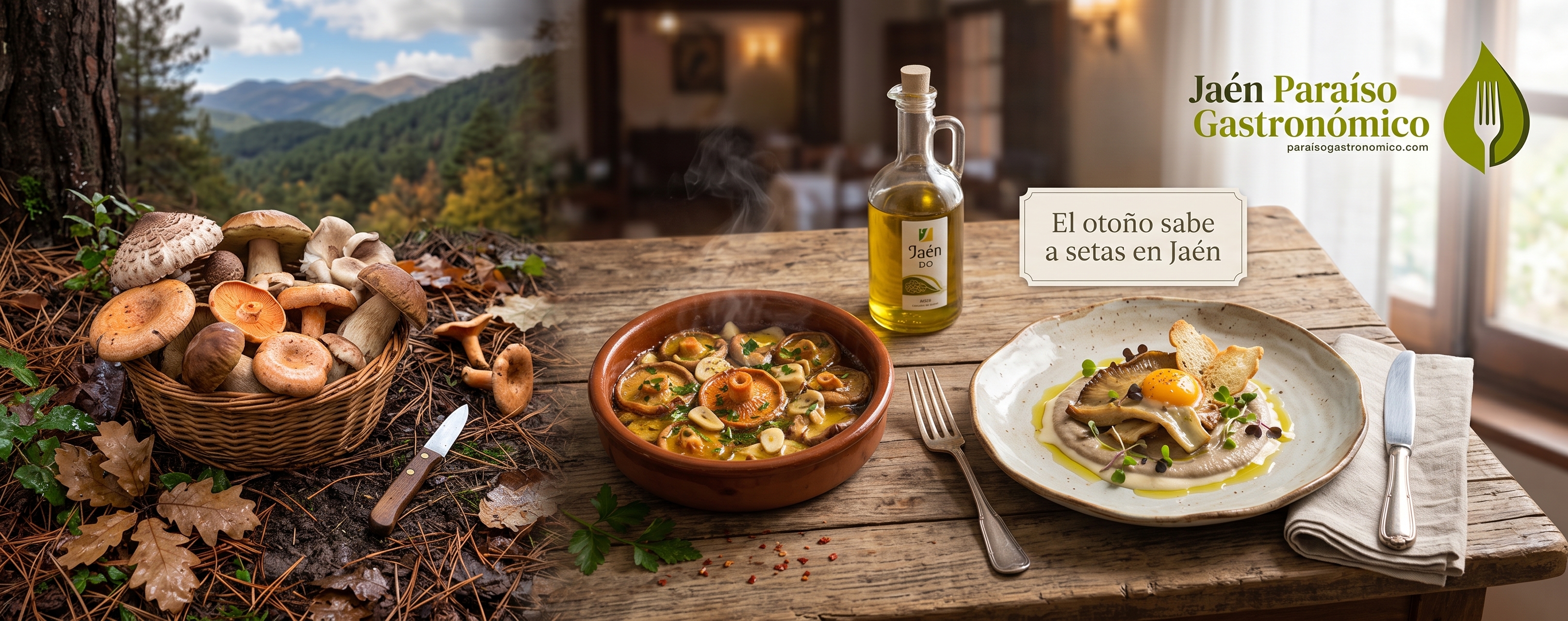 Cesta de setas, platos de otoño y aceite de oliva de Jaén